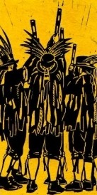 linocut of The Witchmen dancing 'Black and Amber'